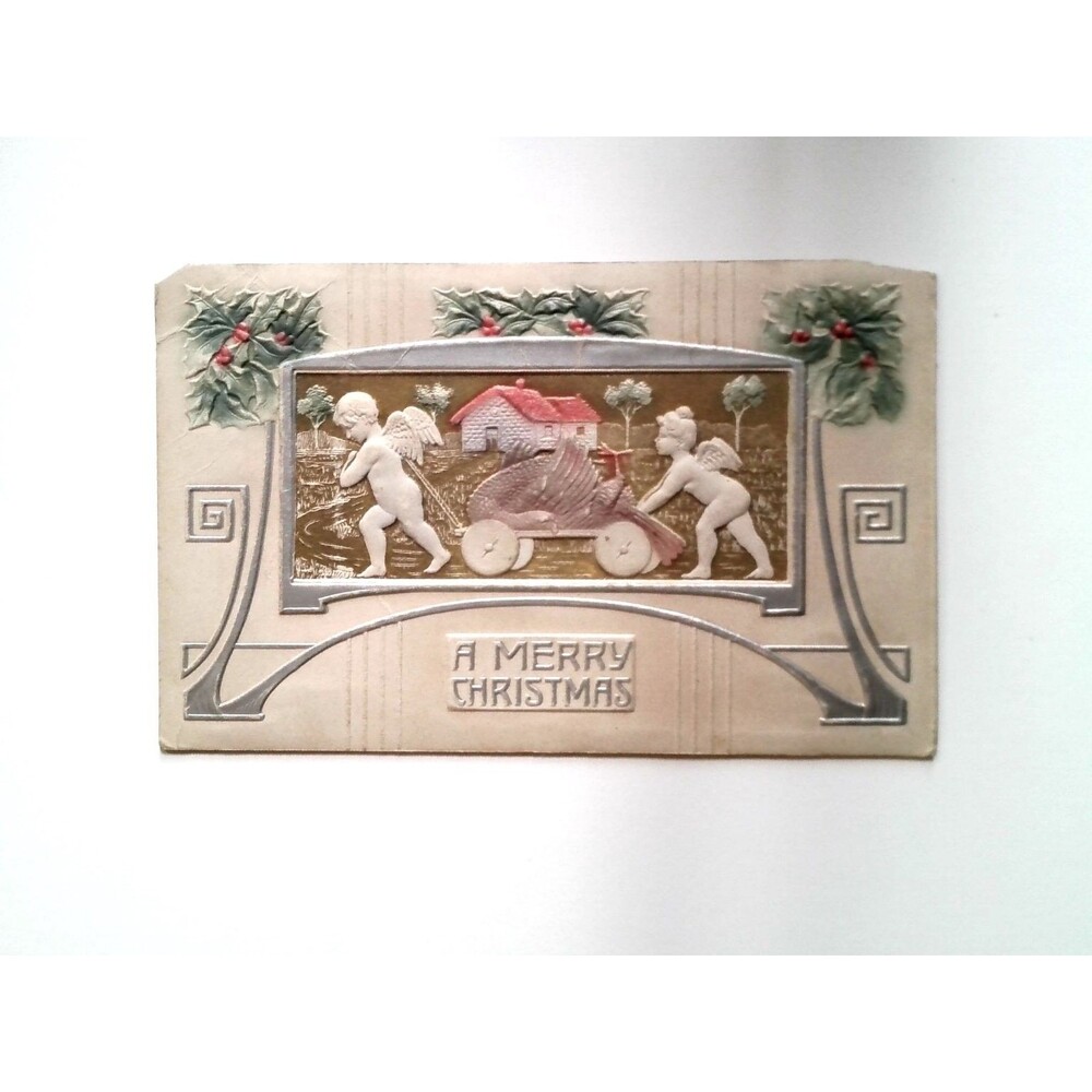 1910 Embossed Christmas Postcard Cherubs Pulling Bird Cart Art Nouveau